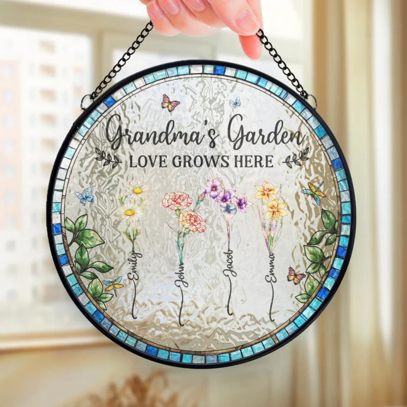 Love Grows In Every Mother’s Heart - Family Personalized Custom Stained Glass Window Hanging Suncatcher - Mother's Day, Gift For Mom, Grandma