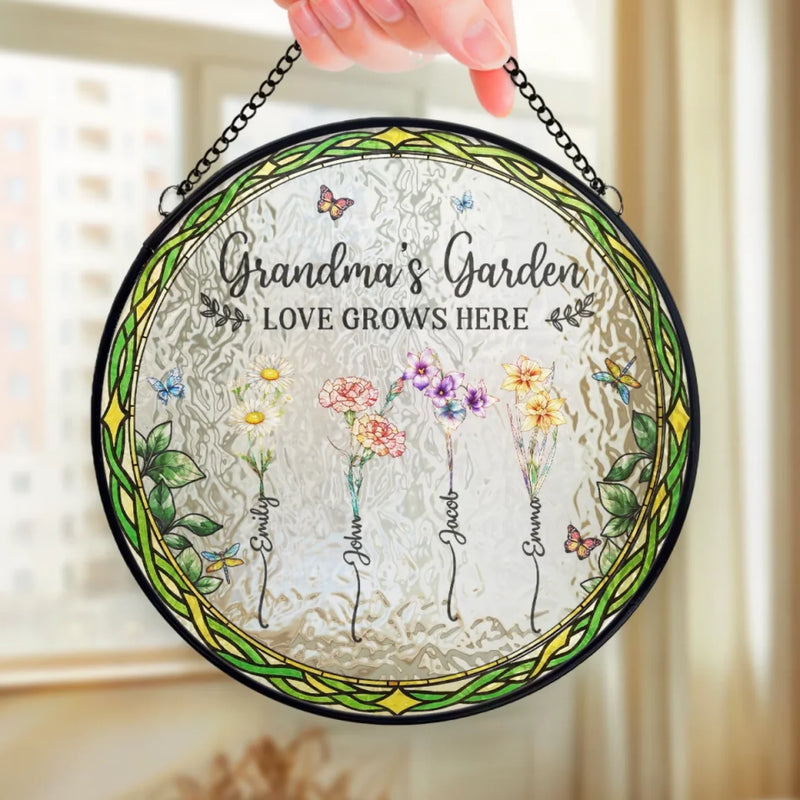 Petals Whisper Her Kindness - Family Personalized Custom Stained Glass Window Hanging Suncatcher - Mother's Day, Gift For Mom, Grandma