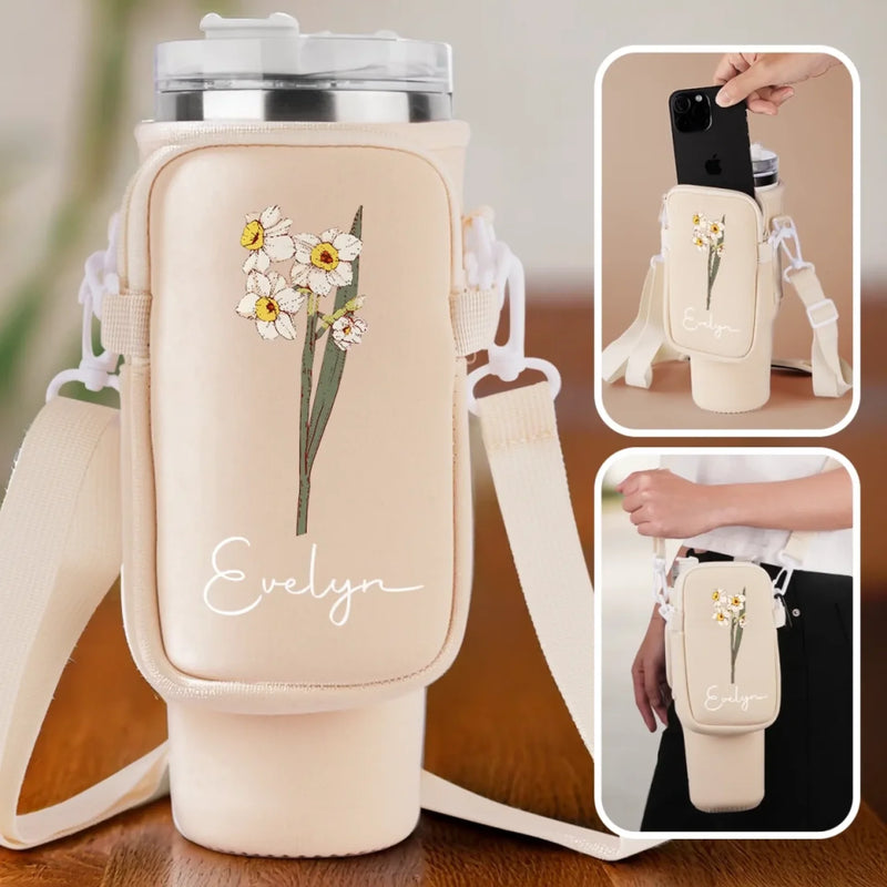 Bloom With Grace - Family Personalized Custom Neoprene Water Bottle Carrier With Pocket - Gift For Yourself, Best Friends, Siblings, Family Members