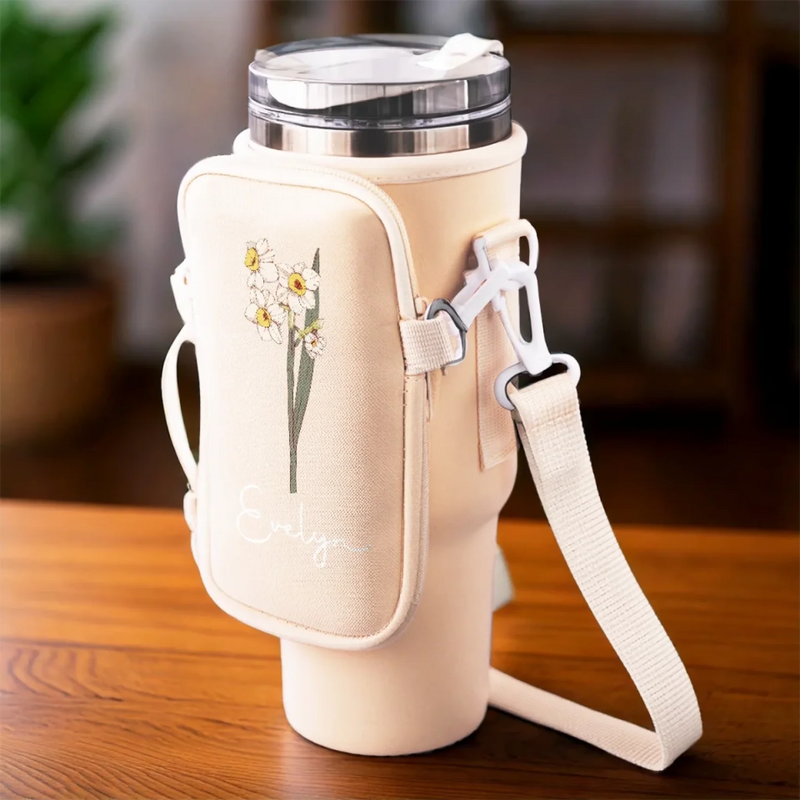 Bloom With Grace - Family Personalized Custom Neoprene Water Bottle Carrier With Pocket - Gift For Yourself, Best Friends, Siblings, Family Members