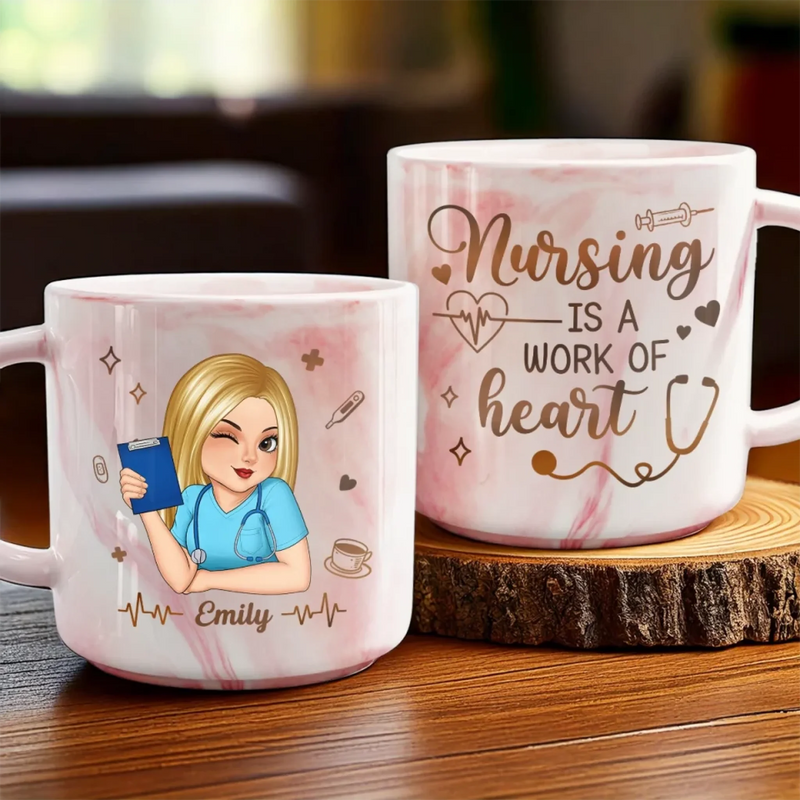 Nursing Is A Work Of Heart - Nurse Personalized Custom Marble Mug - Appreciation, Thank You Gift, Nurse Life, Doctor Life