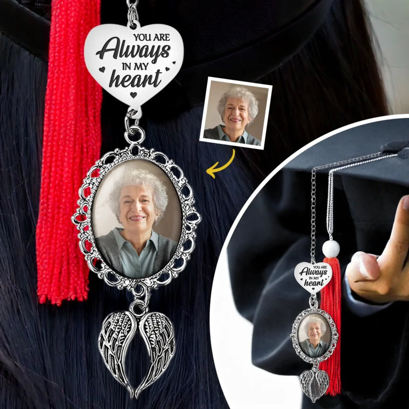 Custom Photo You Are Always In My Heart - Memorial Personalized Custom Graduation Tassel Heart & Angel Wing Charm - Sympathy Gift, Graduation Gift For Family Members, Siblings, Brothers, Sisters