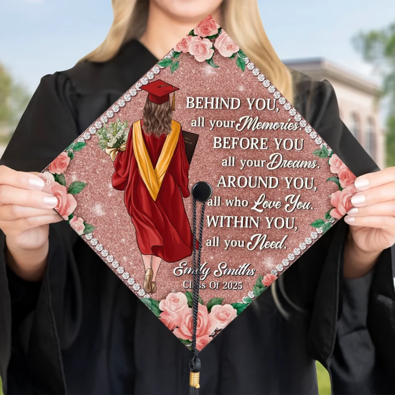 Behind You, All Your Memories - Family Personalized Custom Graduation Cap - Graduation Gift For Family Members, Siblings, Brothers, Sisters