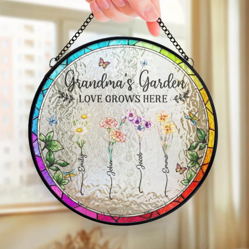 Where Flowers Bloom, Love Grows - Family Personalized Custom Stained Glass Window Hanging Suncatcher - Mother's Day, Gift For Mom, Grandma