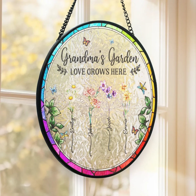 Where Flowers Bloom, Love Grows - Family Personalized Custom Stained Glass Window Hanging Suncatcher - Mother's Day, Gift For Mom, Grandma