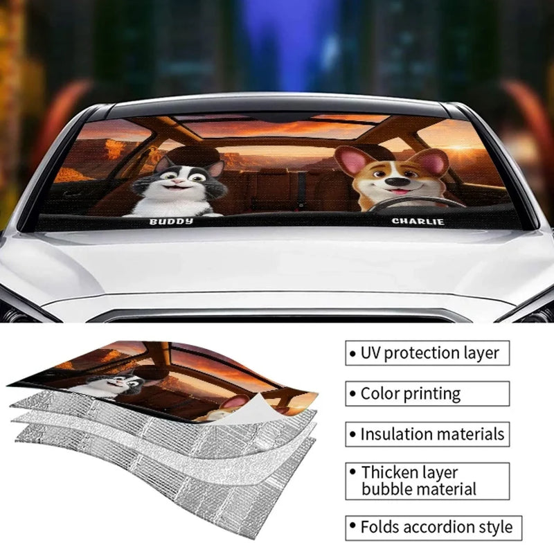 Paws On The Wheel, Tails On The Move - Dog & Cat Personalized Custom Auto Windshield Sunshade, Car Window Protector - Gift For Pet Owners, Pet Lovers