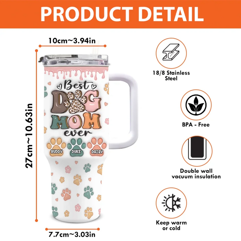 My Kids Have Paws - Dog Personalized Custom 3D Inflated Effect Printed 40 Oz Stainless Steel Tumbler With Handle - Gift For Pet Owners, Pet Lovers