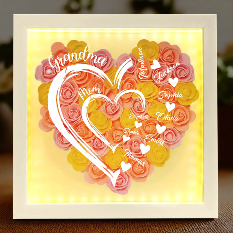 Love In Full Bloom - Family Personalized Custom Flower Shadow Box with LED - Mother's Day, Gift For Mom, Grandma