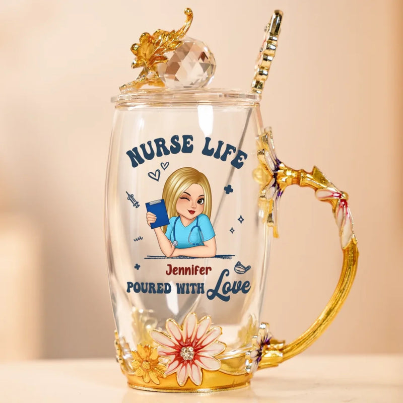 Life Saver In Cute Scrubs - Nurse Personalized Custom Enamel Flower Tea Cup With Lid & Spoon - Appreciation, Thank You Gift, Nurse Life, Doctor Life