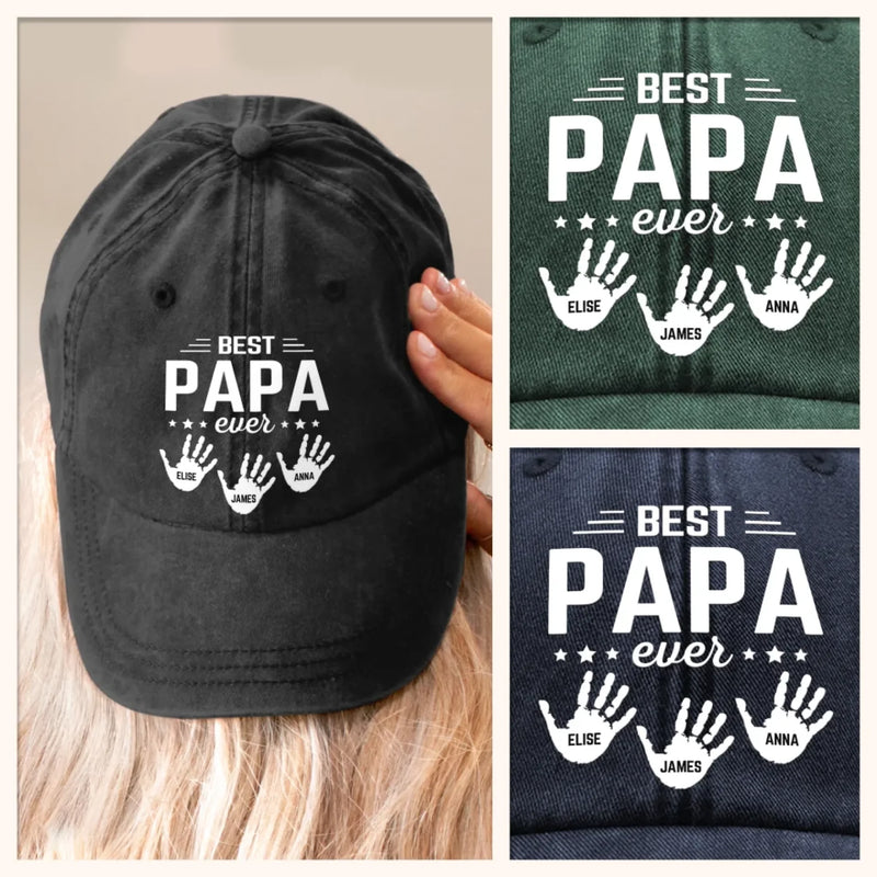 The Hands That Made Him Papa - Family Personalized Custom Vintage Washed Denim Baseball Cap - Father's Day, Gift For Dad, Grandpa