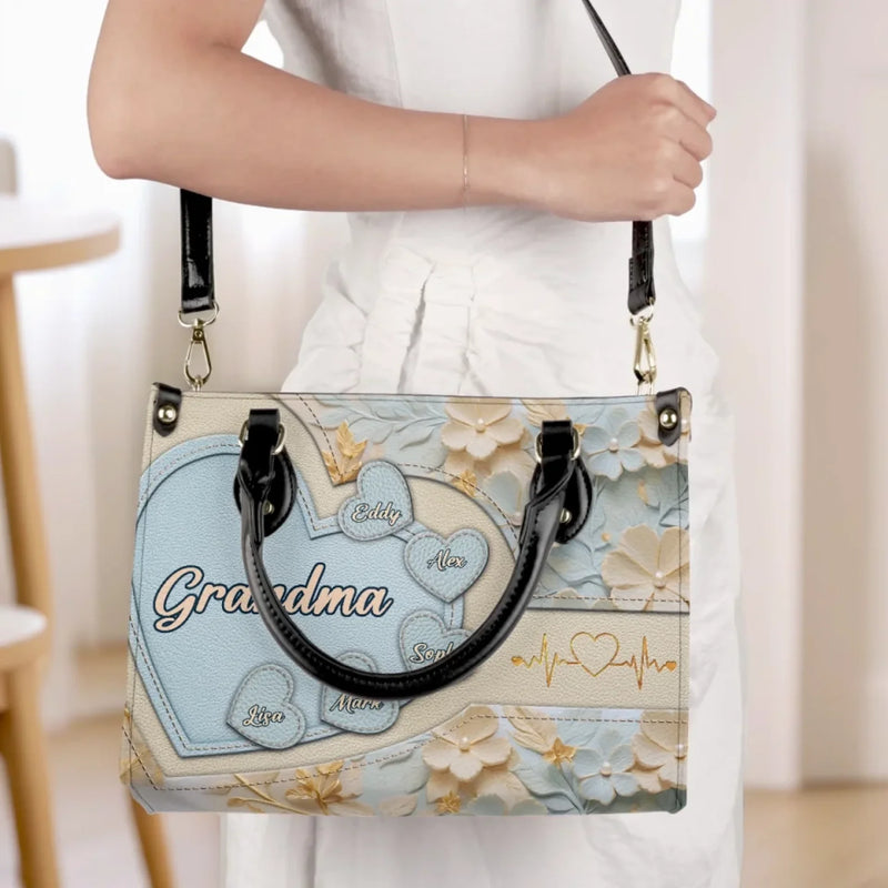 Grandma’s Heart Is Full - Family Personalized Custom Leather Handbag - Mother's Day, Gift For Mom, Grandma
