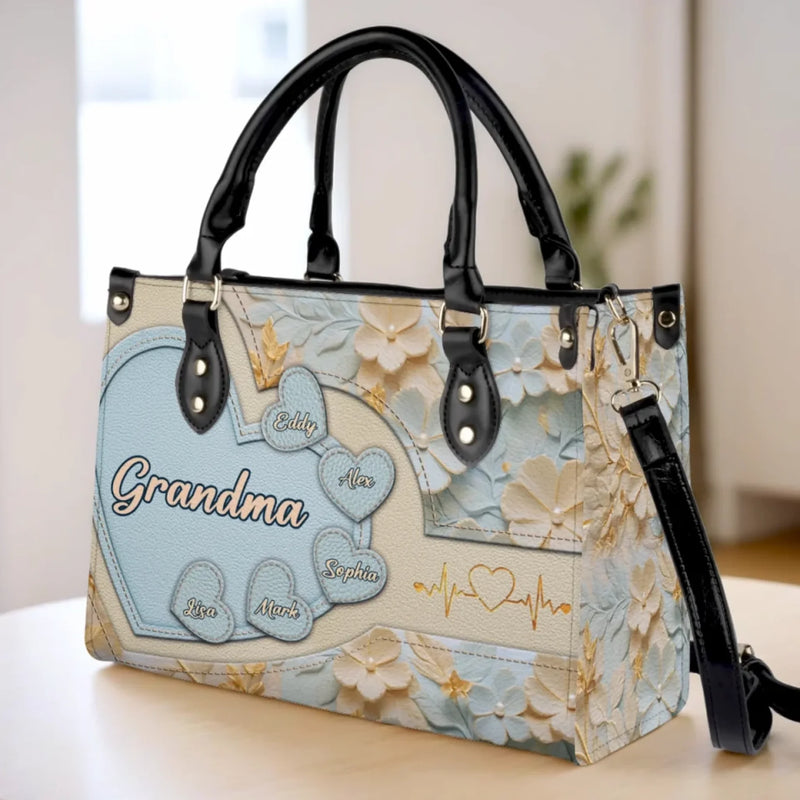 Grandma’s Heart Is Full - Family Personalized Custom Leather Handbag - Mother's Day, Gift For Mom, Grandma