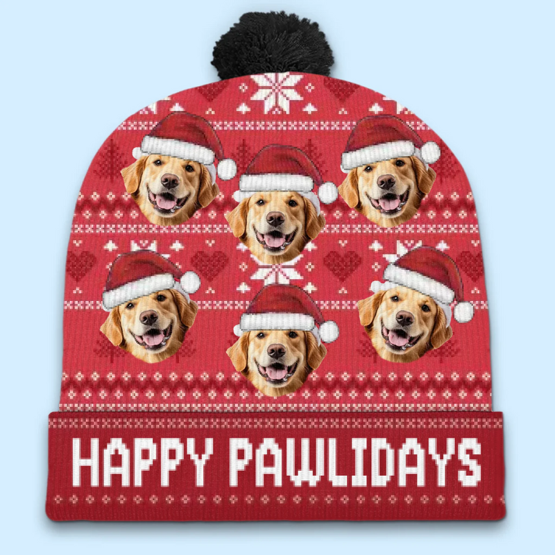 Custom Photo Love Is A Four-Legged Christmas - Dog & Cat Personalized Custom Christmas Beanie Hat - Christmas Gift For Pet Owners, Pet Lovers