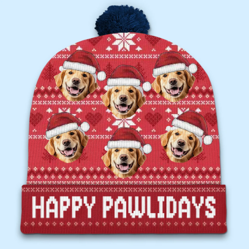Custom Photo Love Is A Four-Legged Christmas - Dog & Cat Personalized Custom Christmas Beanie Hat - Christmas Gift For Pet Owners, Pet Lovers