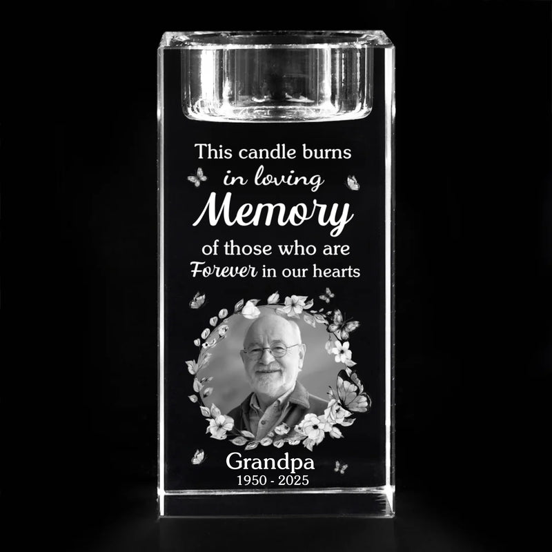 Custom Photo You Stay Forever In Our Hearts - Memorial Personalized Custom 3D Crystal Photo Laser Engraved, Crystal Candle Holder - Sympathy Gift For Family Members