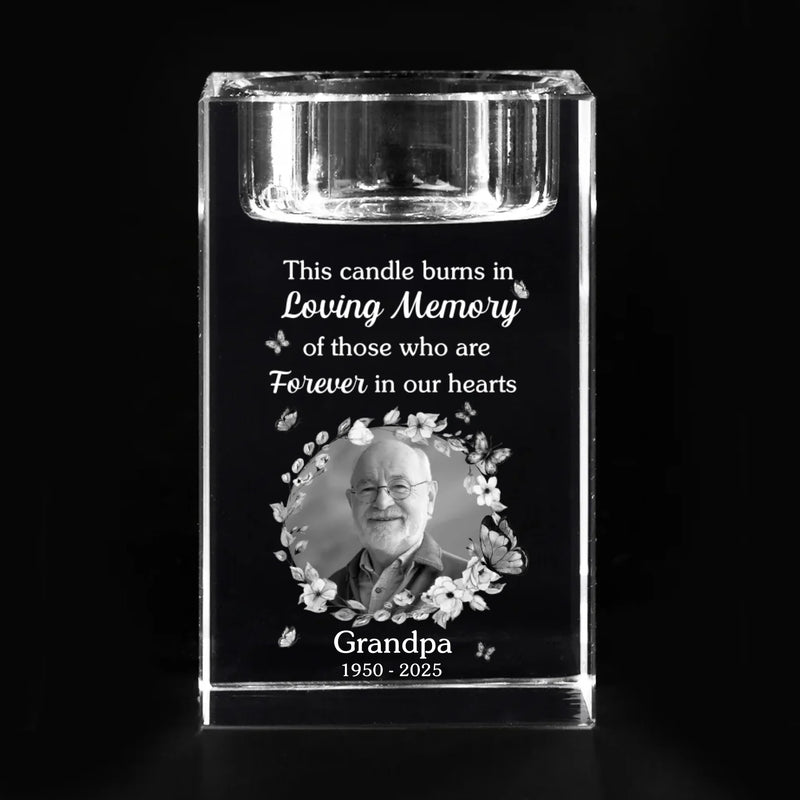 Custom Photo You Stay Forever In Our Hearts - Memorial Personalized Custom 3D Crystal Photo Laser Engraved, Crystal Candle Holder - Sympathy Gift For Family Members