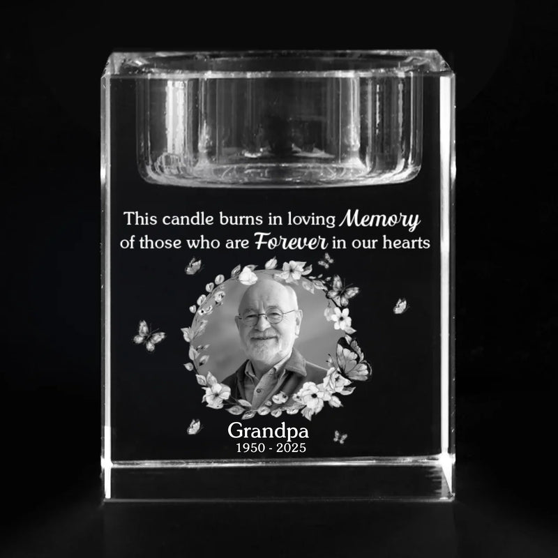Custom Photo You Stay Forever In Our Hearts - Memorial Personalized Custom 3D Crystal Photo Laser Engraved, Crystal Candle Holder - Sympathy Gift For Family Members