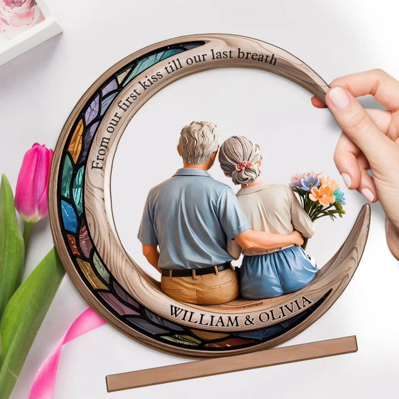 I Love You To The Moon & Back - Couple Personalized Custom Shaped 2-Layered Wooden Plaque With Flat Stand - House Warming Gift For Husband Wife, Anniversary