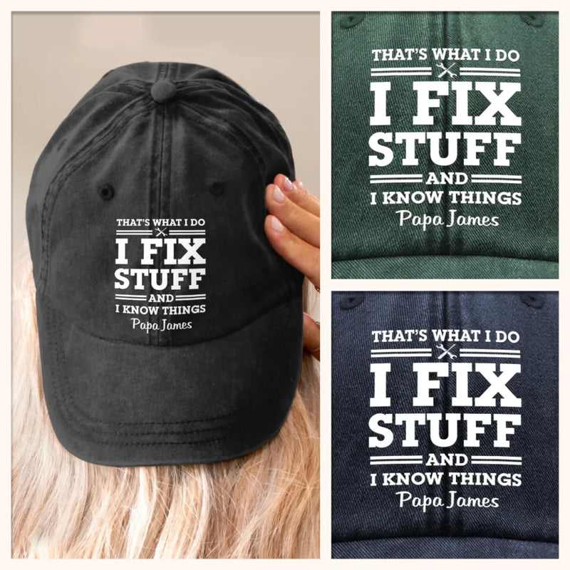 Papa Knows, Papa Fixes - Family Personalized Custom Vintage Washed Denim Baseball Cap - Father's Day, Gift For Dad, Grandpa