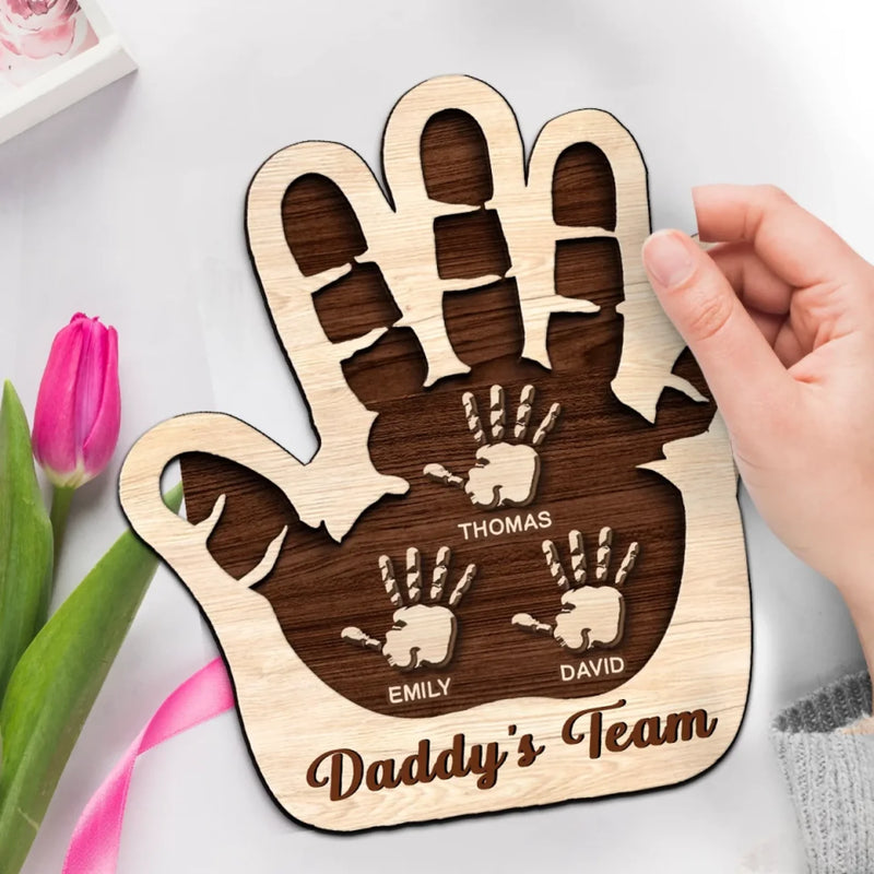 Side By Side, Hand In Hand - Family Personalized Custom Shaped 2-Layered Wooden Plaque With Flat Stand - Father's Day, House Warming Gift For Dad, Grandpa