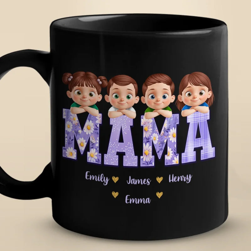 Our Hearts Belong To Mama - Family Personalized Custom Black Mug - Mother's Day, Gift For Mom, Grandma