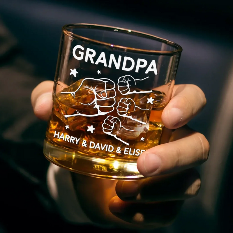 Fist Bumps And Good Times - Family Personalized Custom Whiskey Glass - Father's Day, Gift For Dad, Grandpa