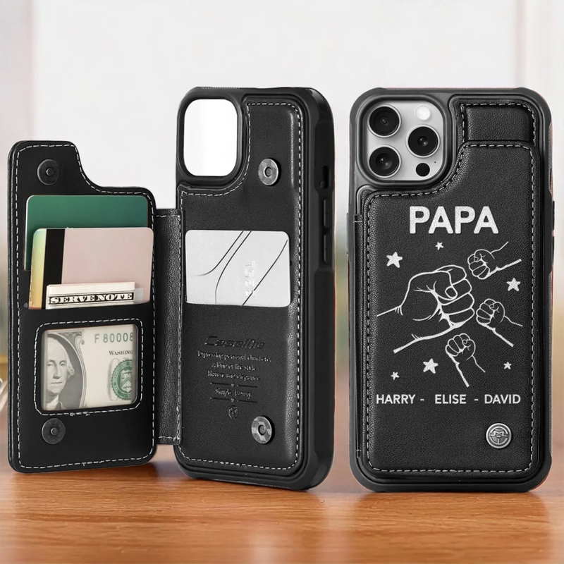 Dad Life Powered By Love - Family Personalized Custom Leather Flip Wallet Phone Case - Father's Day, Gift For Dad, Grandpa