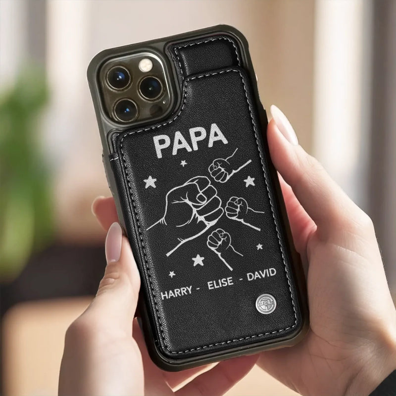 Dad Life Powered By Love - Family Personalized Custom Leather Flip Wallet Phone Case - Father's Day, Gift For Dad, Grandpa