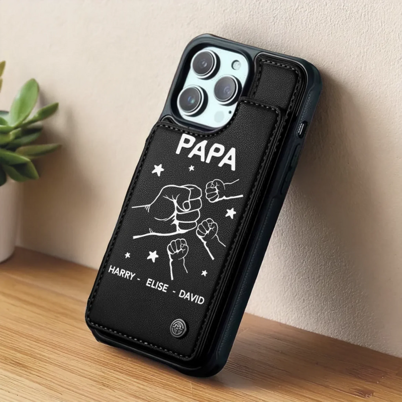 Dad Life Powered By Love - Family Personalized Custom Leather Flip Wallet Phone Case - Father's Day, Gift For Dad, Grandpa