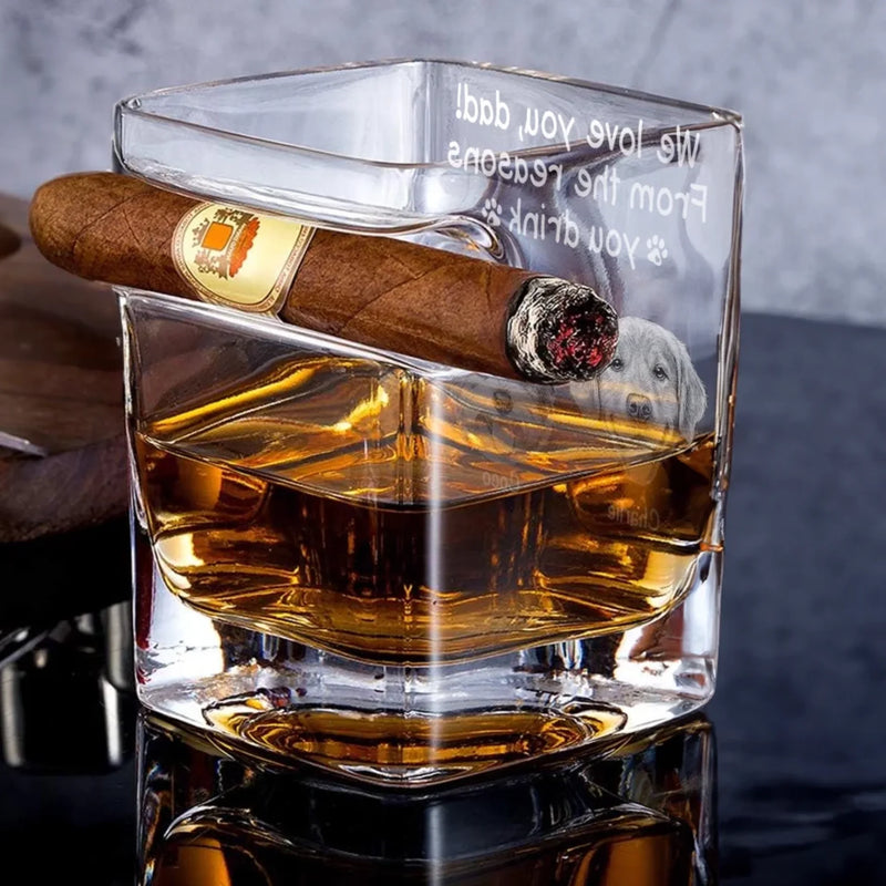 Custom Photo From The Reasons You Drink - Dog & Cat Personalized Custom Whiskey Glass With Cigarette Holder - Father's Day,  Gift For Dad, Pet Owners, Pet Lovers