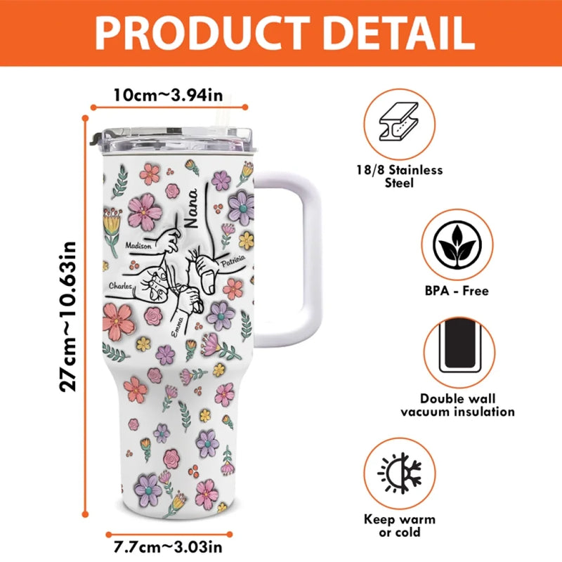 Holding Hearts Forever - Family Personalized Custom 3D Inflated Effect Printed 40 Oz Stainless Steel Tumbler With Handle - Mother's Day, Gift For Mom, Grandma