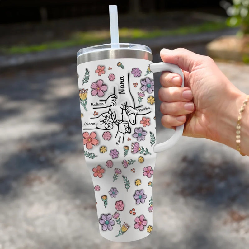 Holding Hearts Forever - Family Personalized Custom 3D Inflated Effect Printed 40 Oz Stainless Steel Tumbler With Handle - Mother's Day, Gift For Mom, Grandma