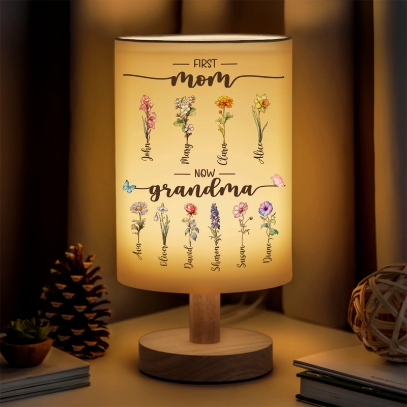 First Mom, Now Grandma - Family Personalized Custom Linen Bedside Table Lamp - Mother's Day, Gift For Mom, Grandma