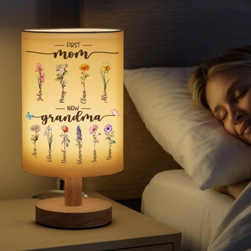 First Mom, Now Grandma - Family Personalized Custom Linen Bedside Table Lamp - Mother's Day, Gift For Mom, Grandma