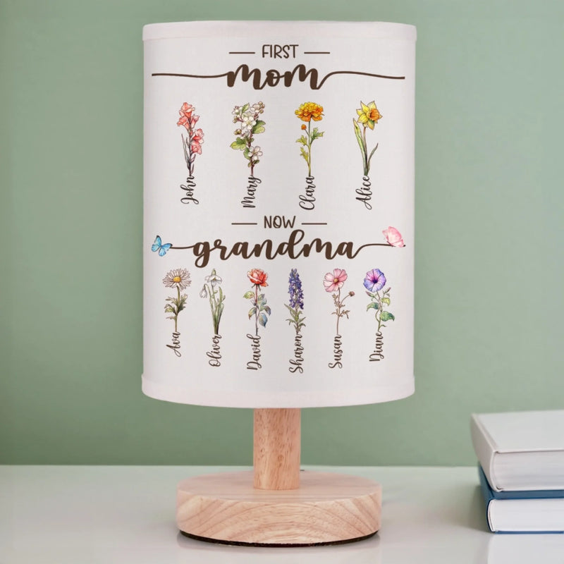 First Mom, Now Grandma - Family Personalized Custom Linen Bedside Table Lamp - Mother's Day, Gift For Mom, Grandma