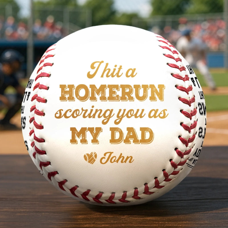 I Hit A Homerun Scoring You As My Dad - Family Personalized Custom Leather Baseball - Father's Day, Gift For Dad, Sport Lovers, Sport Players