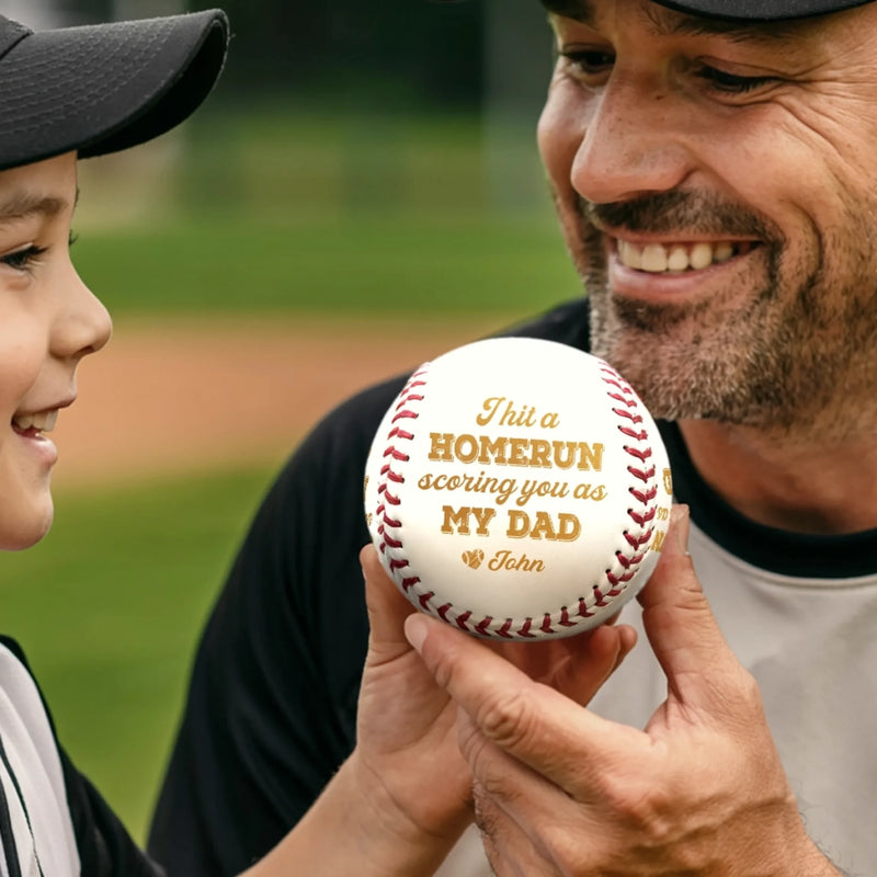I Hit A Homerun Scoring You As My Dad - Family Personalized Custom Leather Baseball - Father's Day, Gift For Dad, Sport Lovers, Sport Players