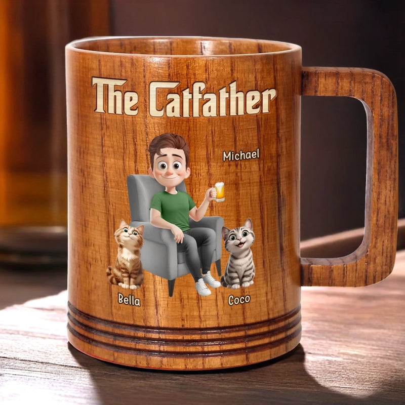 The Catfather, Chosen By My Cat - Cat Personalized Custom Wooden Mug - Father's Day,  Gift For Dad, Pet Owners, Pet Lovers