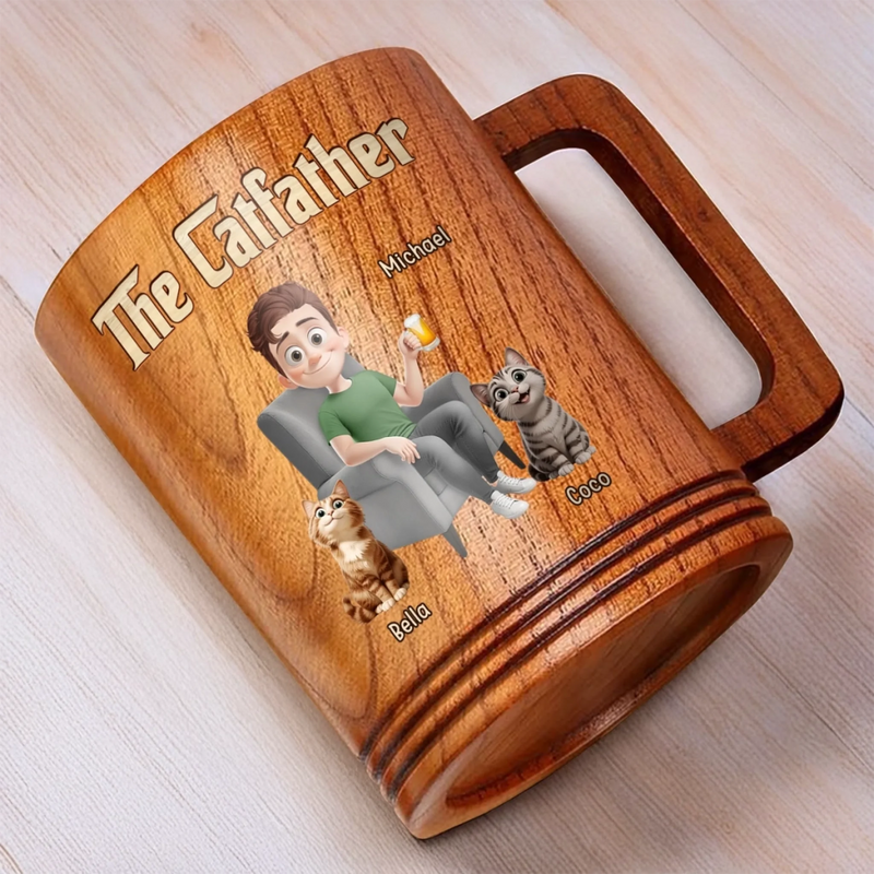 The Catfather, Chosen By My Cat - Cat Personalized Custom Wooden Mug - Father's Day,  Gift For Dad, Pet Owners, Pet Lovers