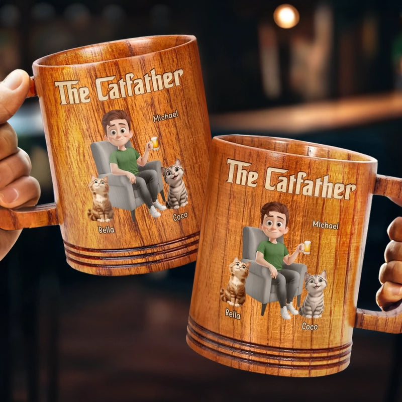 The Catfather, Chosen By My Cat - Cat Personalized Custom Wooden Mug - Father's Day,  Gift For Dad, Pet Owners, Pet Lovers