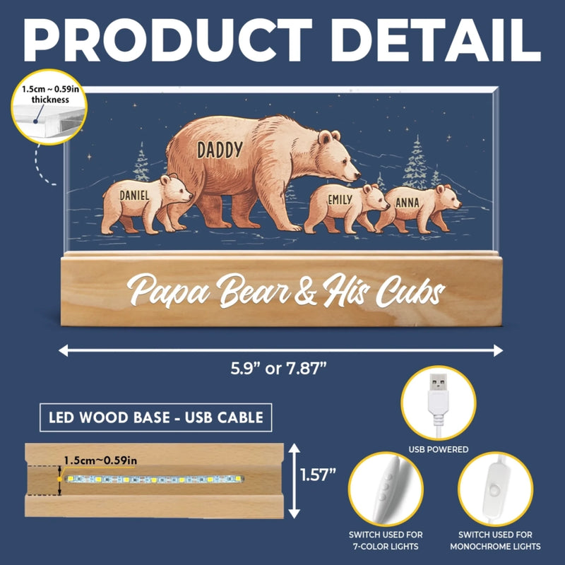 Papa Bear Leading The Way - Family Personalized Custom Acrylic Letters 3D LED Night Light - Father's Day, Gift For Dad, Grandpa