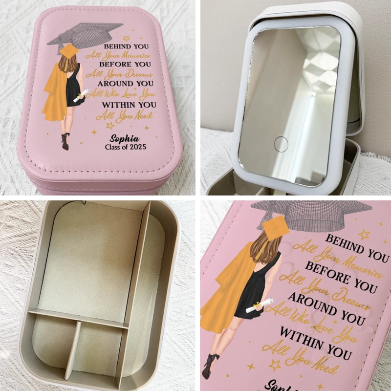 Behind You All Your Memories - Family Personalized Custom Jewelry Box LED Makeup - Graduation Gift For Family Members, Siblings, Brothers, Sisters