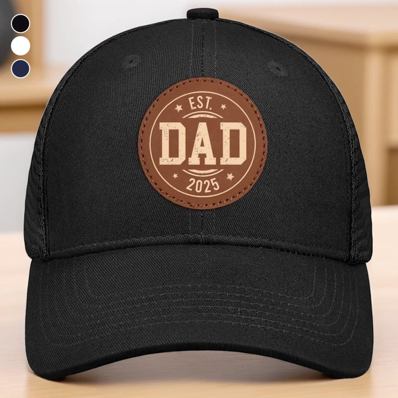 Fatherhood Starts Here - Family Personalized Custom Round Leather Patch Hat - Father's Day, Gift For Dad, Grandpa