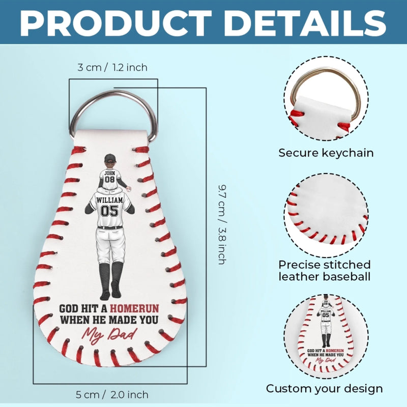 God Hit A Homerun When He Made You My Dad - Family Personalized Custom Leather Keychain - Father's Day, Gift For Dad, Sport Lovers, Sport Players
