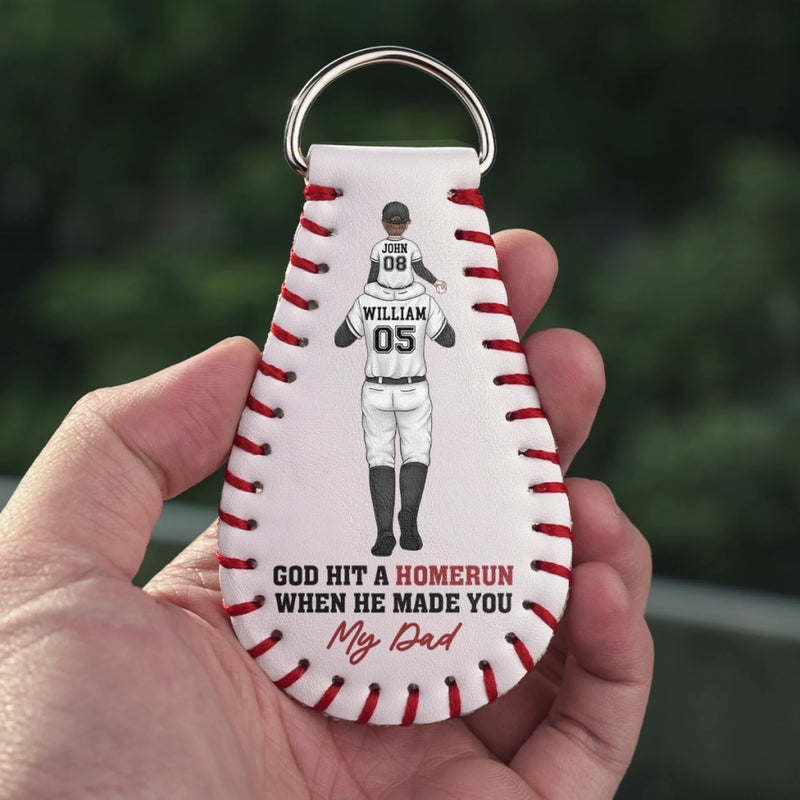 God Hit A Homerun When He Made You My Dad - Family Personalized Custom Leather Keychain - Father's Day, Gift For Dad, Sport Lovers, Sport Players