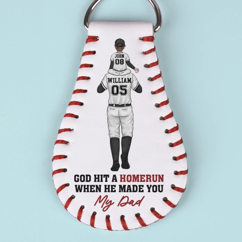 God Hit A Homerun When He Made You My Dad - Family Personalized Custom Leather Keychain - Father's Day, Gift For Dad, Sport Lovers, Sport Players