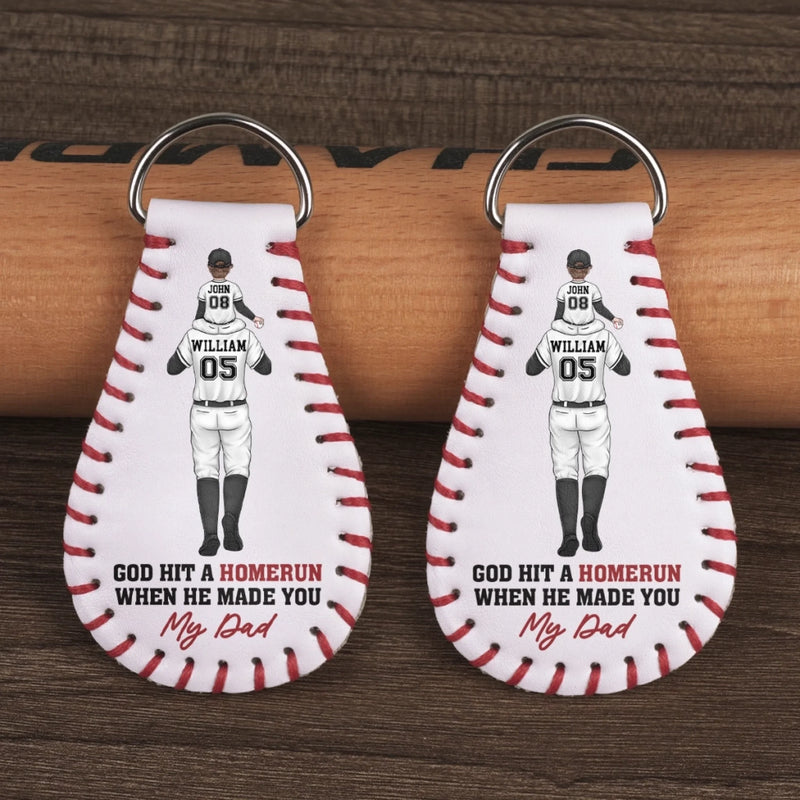 God Hit A Homerun When He Made You My Dad - Family Personalized Custom Leather Keychain - Father's Day, Gift For Dad, Sport Lovers, Sport Players