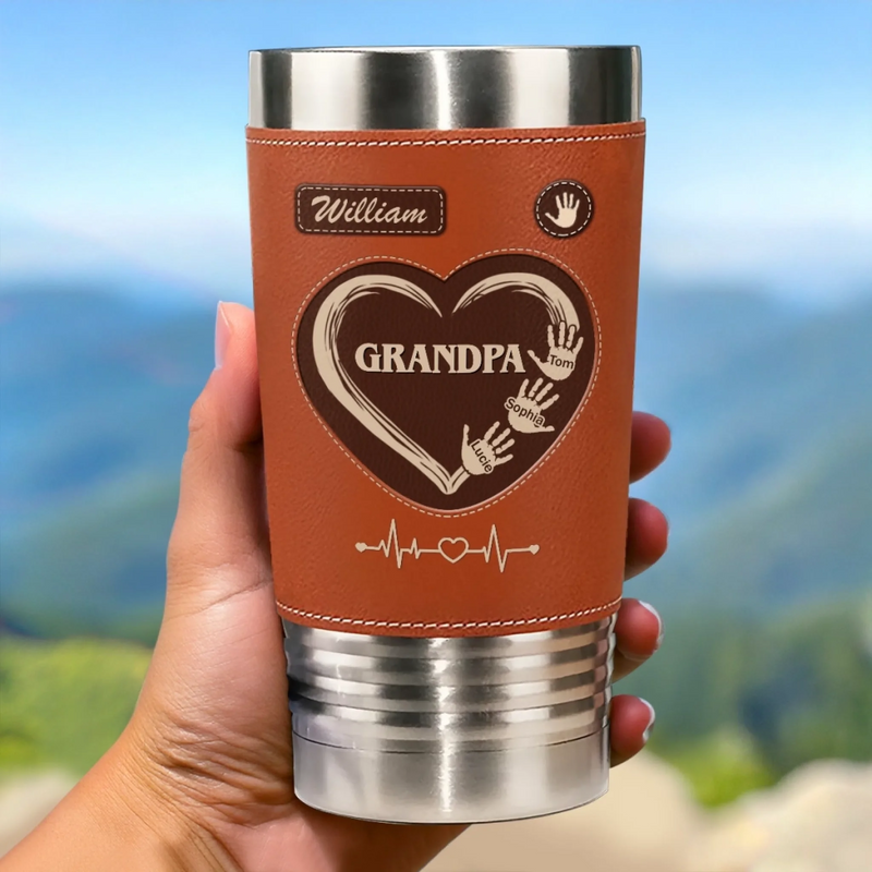 Hands Down, The Best Grandpa Ever - Family Personalized Custom Printed Leather Tumbler - Father's Day, Gift For Dad, Grandpa, Family Members