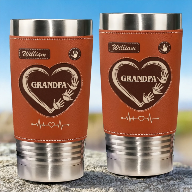 Hands Down, The Best Grandpa Ever - Family Personalized Custom Printed Leather Tumbler - Father's Day, Gift For Dad, Grandpa, Family Members