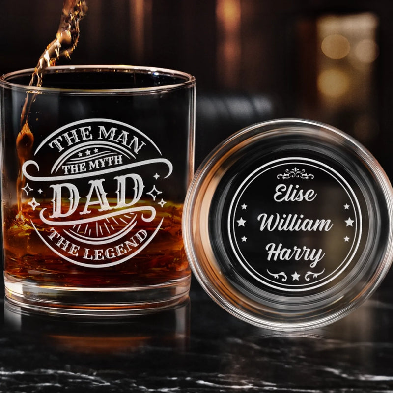 Our Roots, Our Hero - Family Personalized Custom Whiskey Glass With Bottom And Side Engraving - Father's Day, Gift For Dad, Grandpa